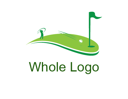 man standing on turf swinging golf club hits ball into hole illustration