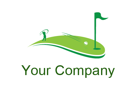 man standing on turf swinging golf club hits ball into hole illustration
