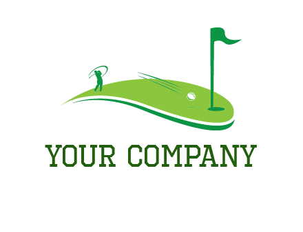man standing on turf swinging golf club hits ball into hole illustration