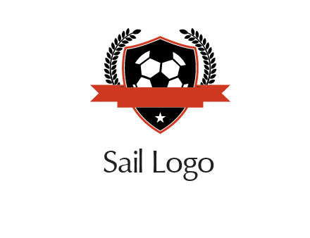 emblem of soccer with leaves and ribbon