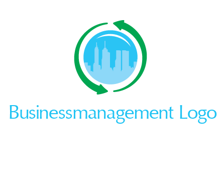 skyscrapers in globe with recycle arrows