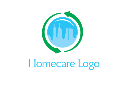 skyscrapers in globe with recycle arrows