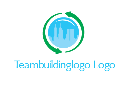 skyscrapers in globe with recycle arrows