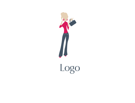 woman in jeans and a blouse with a handbag logo