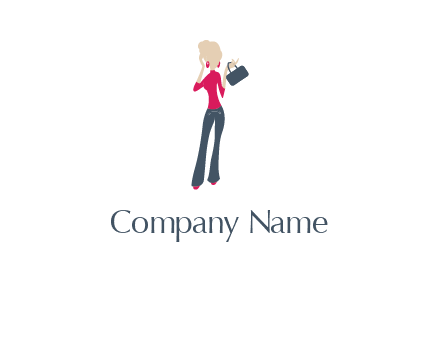 woman in jeans and a blouse with a handbag logo