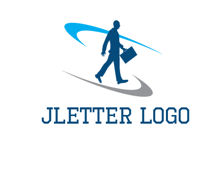 curved lines or crescents around the silhouette of a man holding a briefcase