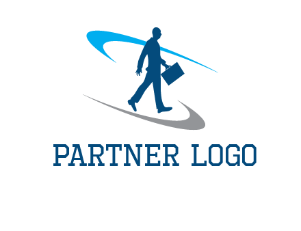 curved lines or crescents around the silhouette of a man holding a briefcase