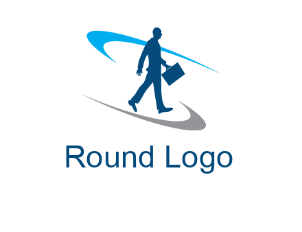curved lines or crescents around the silhouette of a man holding a briefcase