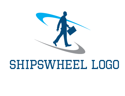 curved lines or crescents around the silhouette of a man holding a briefcase