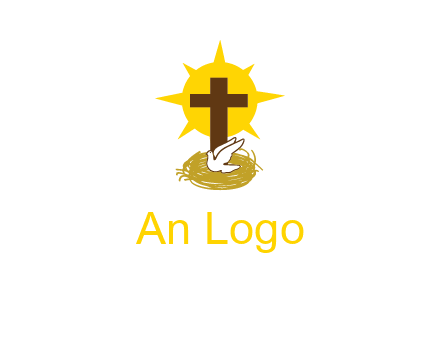 dove's nest in front of the cross with the sun in the background