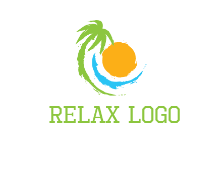 palm tree and wave curving around the sun logo