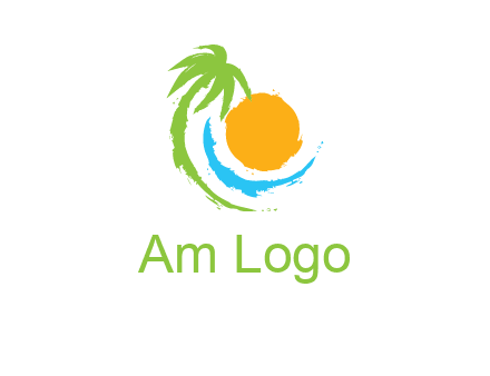 palm tree and wave curving around the sun logo