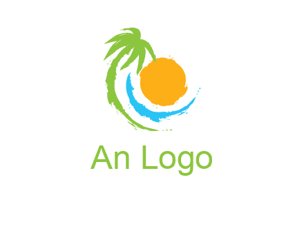 palm tree and wave curving around the sun logo