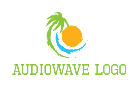 palm tree and wave curving around the sun logo