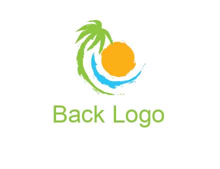 palm tree and wave curving around the sun logo