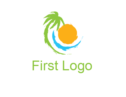 palm tree and wave curving around the sun logo