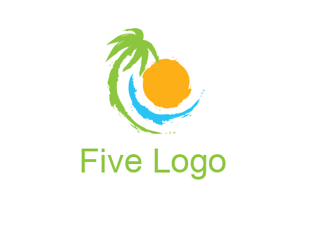 palm tree and wave curving around the sun logo