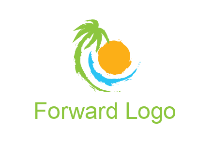 palm tree and wave curving around the sun logo