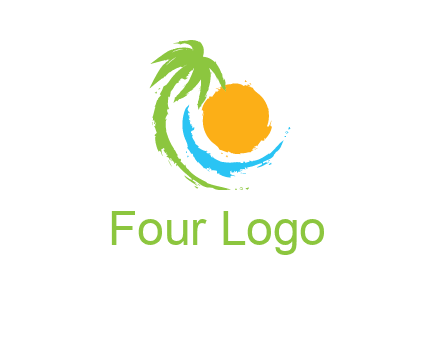 palm tree and wave curving around the sun logo