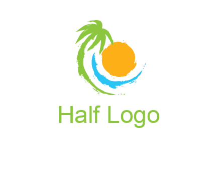 palm tree and wave curving around the sun logo
