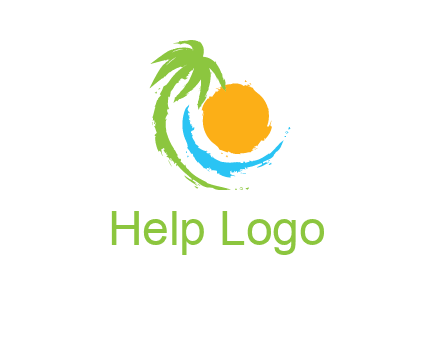 palm tree and wave curving around the sun logo