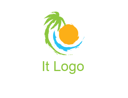 palm tree and wave curving around the sun logo