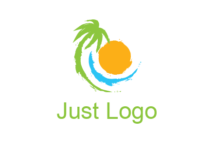 palm tree and wave curving around the sun logo
