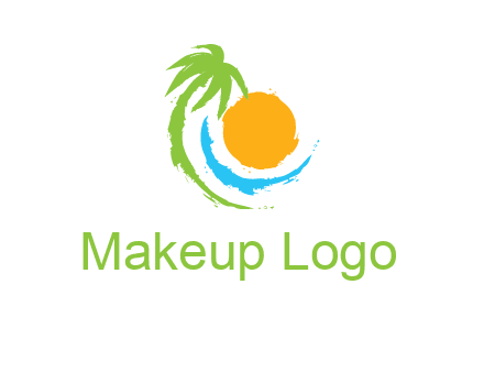 palm tree and wave curving around the sun logo