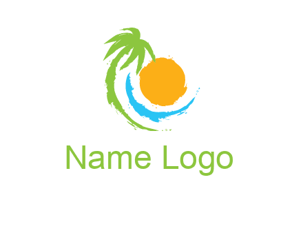 palm tree and wave curving around the sun logo