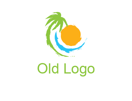 palm tree and wave curving around the sun logo