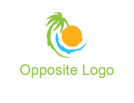 palm tree and wave curving around the sun logo