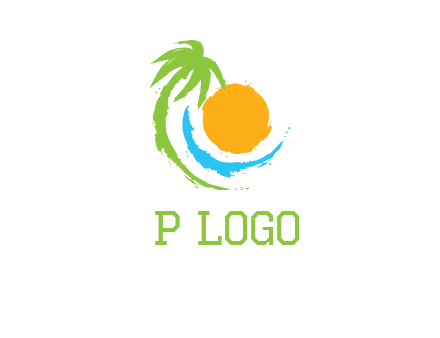 palm tree and wave curving around the sun logo