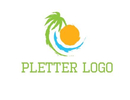 palm tree and wave curving around the sun logo