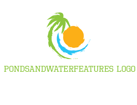 palm tree and wave curving around the sun logo