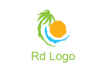 palm tree and wave curving around the sun logo
