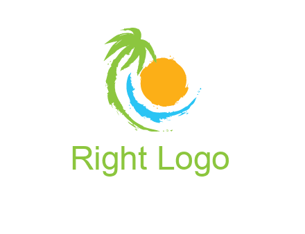 palm tree and wave curving around the sun logo