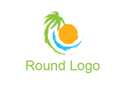 palm tree and wave curving around the sun logo