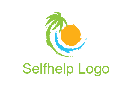 palm tree and wave curving around the sun logo