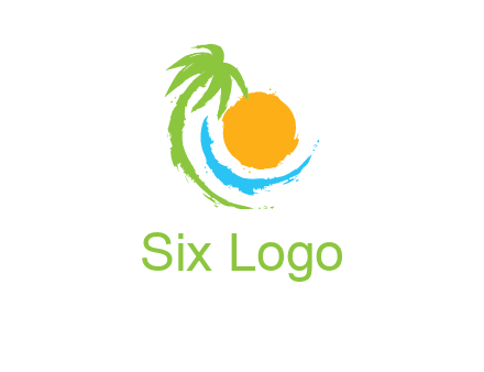 palm tree and wave curving around the sun logo
