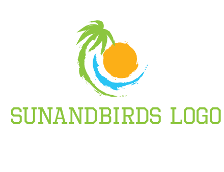 palm tree and wave curving around the sun logo