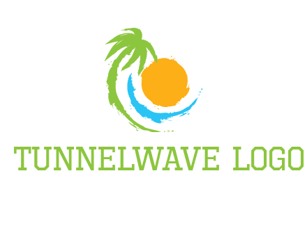palm tree and wave curving around the sun logo