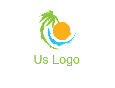 palm tree and wave curving around the sun logo