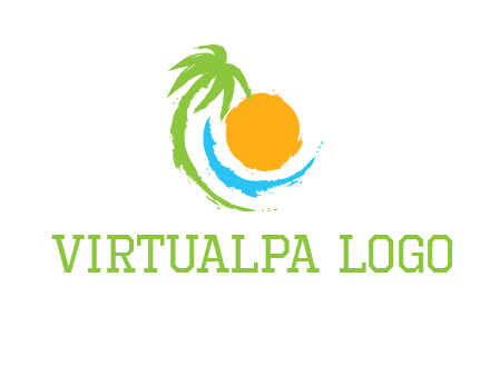 palm tree and wave curving around the sun logo