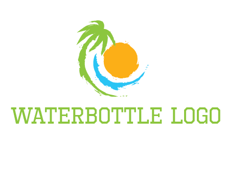 palm tree and wave curving around the sun logo