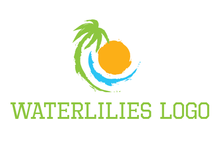 palm tree and wave curving around the sun logo