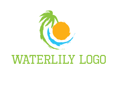 palm tree and wave curving around the sun logo