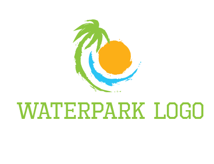 palm tree and wave curving around the sun logo