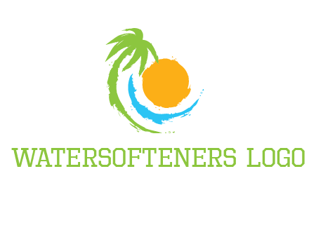 palm tree and wave curving around the sun logo
