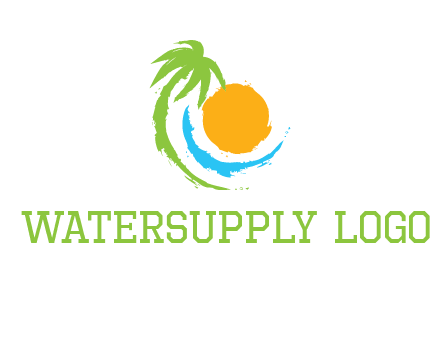palm tree and wave curving around the sun logo
