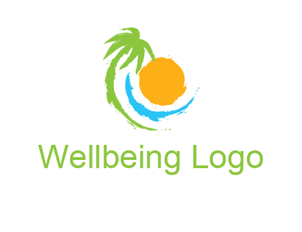palm tree and wave curving around the sun logo